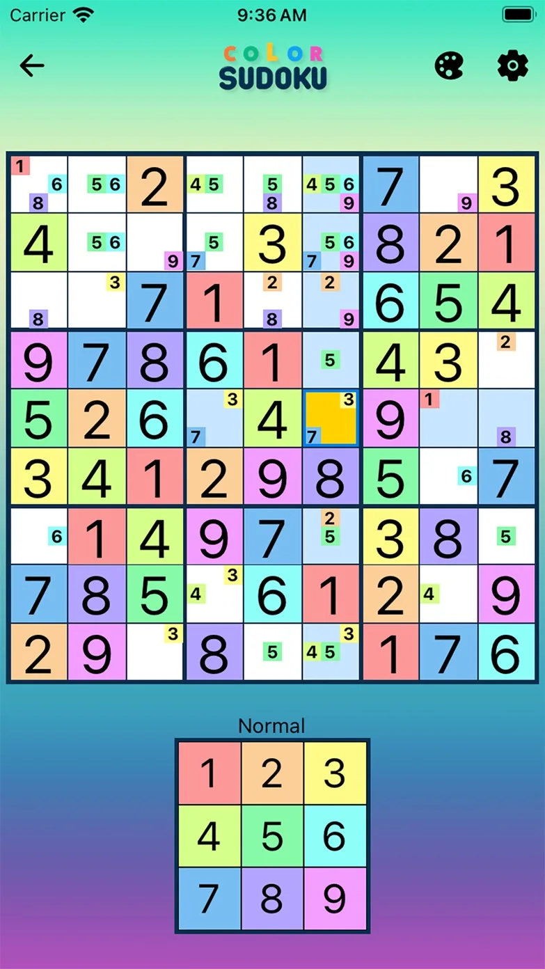Color Sudoku board mid-game in the pastel Original theme, with small colored candidate marks in open cells, a yellow selected cell and a color-coded 1–9 number pad