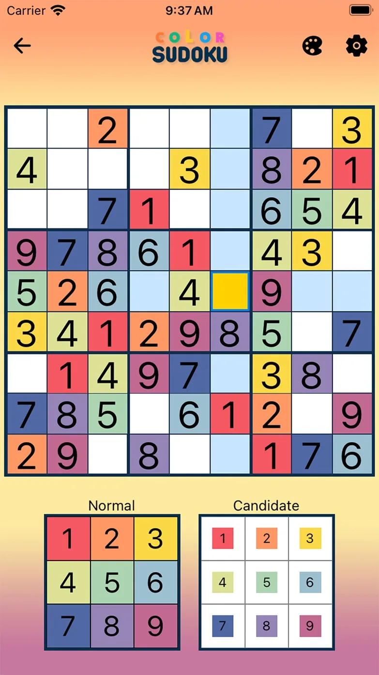 Sudoku puzzle in the warm Serene theme with red, orange, gold, olive and purple cells above side-by-side Normal and Candidate number pads
